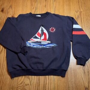 Vintage Pringle Sports Sweashirt‎ Mens XL Sailboat Embroidered Navy Faded Tag